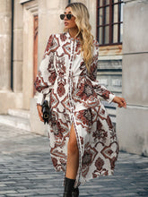 Load image into Gallery viewer, Printed Tie Waist Notched Neck Midi Dress