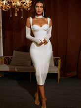 Load image into Gallery viewer, Cold-Shoulder Mesh Sleeve Slit Back Bodycon Dress