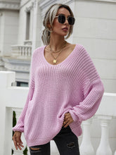 Load image into Gallery viewer, Rib-Knit Drop Shoulder V-Neck Pullover Sweater