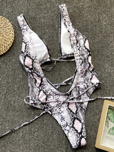 Load image into Gallery viewer, Lace-Up Backless Plunge One-Piece Swimwear