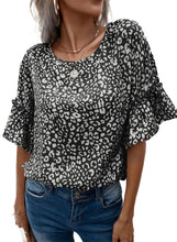 Load image into Gallery viewer, Leopard Round Neck Frill Trim Blouse