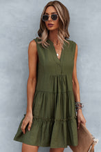 Load image into Gallery viewer, Frill Trim Notched Sleeveless Tiered Dress