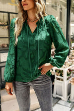 Load image into Gallery viewer, Applique Frill Trim Tie Neck Blouse