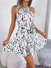 Load image into Gallery viewer, Halter Neck Printed Tie Waist Sleeveless Mini Dress