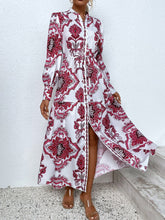 Load image into Gallery viewer, Printed Tie Waist Notched Neck Midi Dress