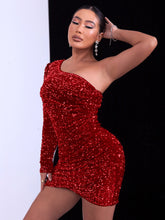 Load image into Gallery viewer, Sequin One-Shouler Tulip Hem Bodycon Dress
