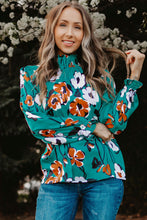 Load image into Gallery viewer, Floral Smocked Mock Neck Flounce Sleeve Blouse
