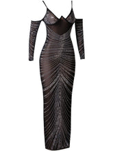 Load image into Gallery viewer, Rhinestone Spaghetti Strap Cold-Shoulder Mesh Maxi Dress
