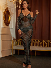 Load image into Gallery viewer, Rhinestone Spaghetti Strap Cold-Shoulder Mesh Maxi Dress
